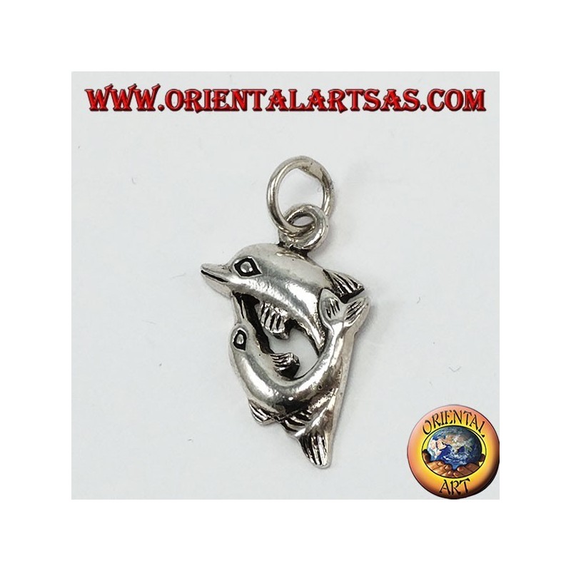 Silver pendant two dolphins spinning