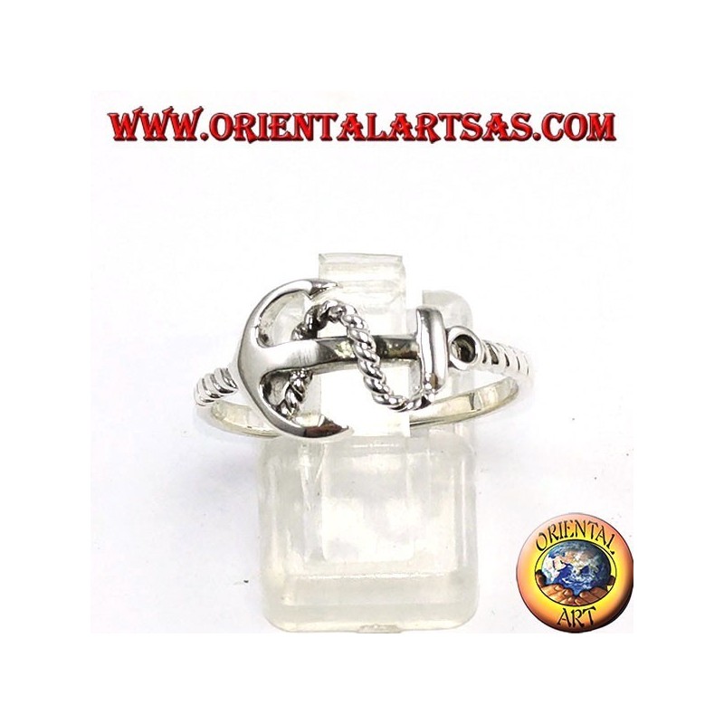 Silver ring, anchor crosswise with rope