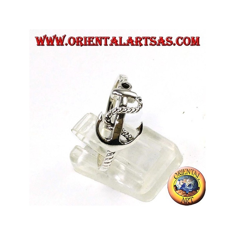 Bague en argent, ancre en croix avec corde