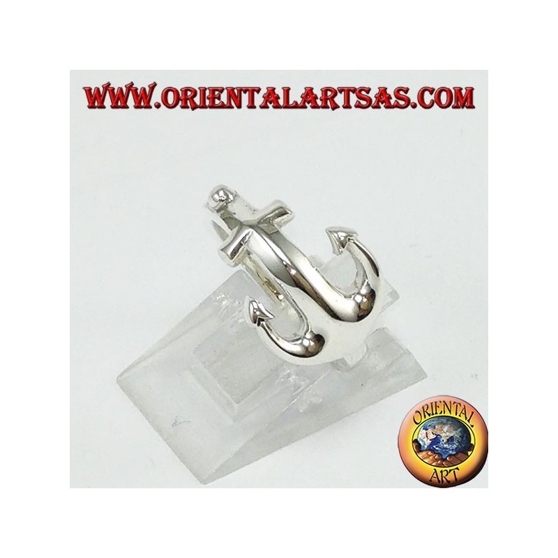 Silver ring, anchor across the finger