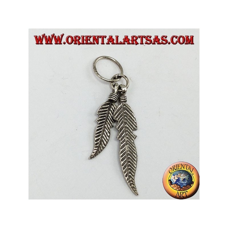Silver pendant with two Native American style feathers