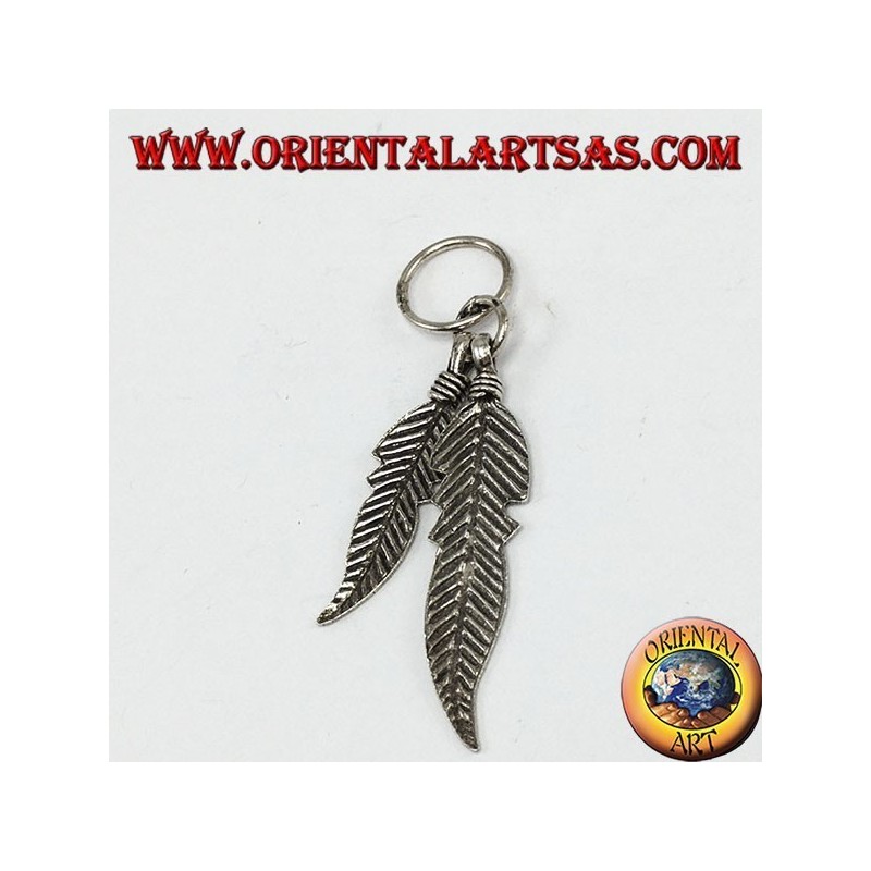 Silver pendant with two Native American style feathers