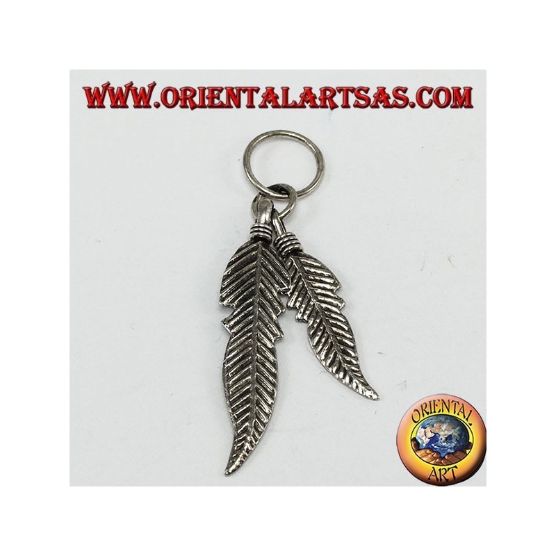 Silver pendant with two Native American style feathers