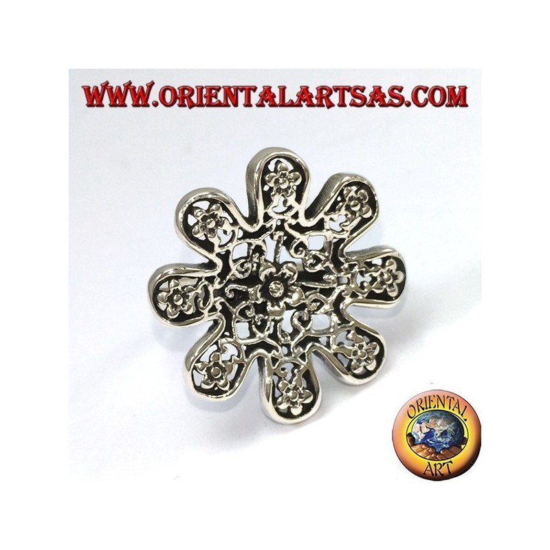 Silver ring in the shape of a flower with pierced roses