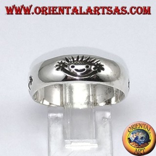 Silver band ring, carved smile