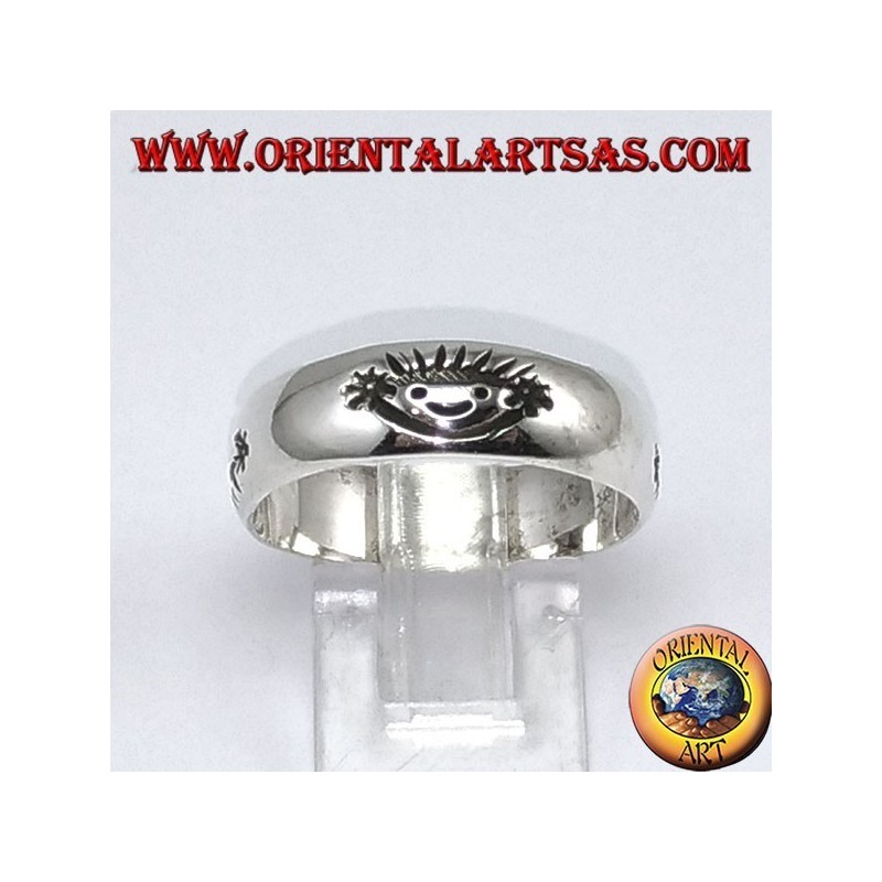 Silver band ring, carved smile