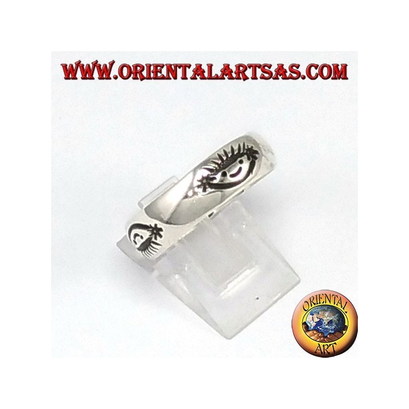 Silver band ring, carved smile