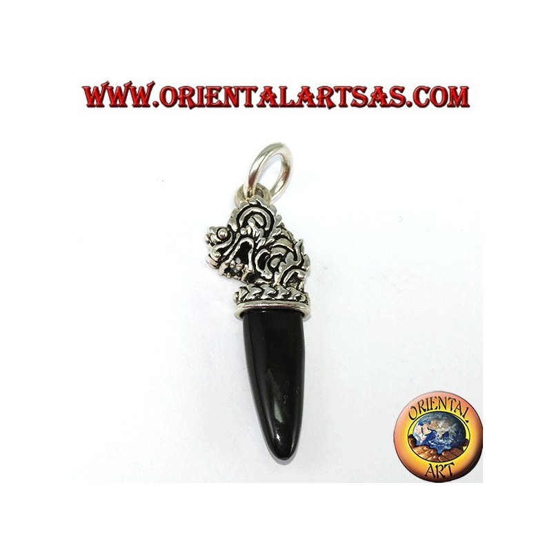 Silver dragon head pendant with onyx tip