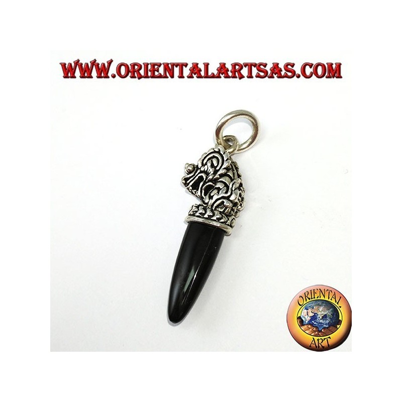 Silver dragon head pendant with onyx tip