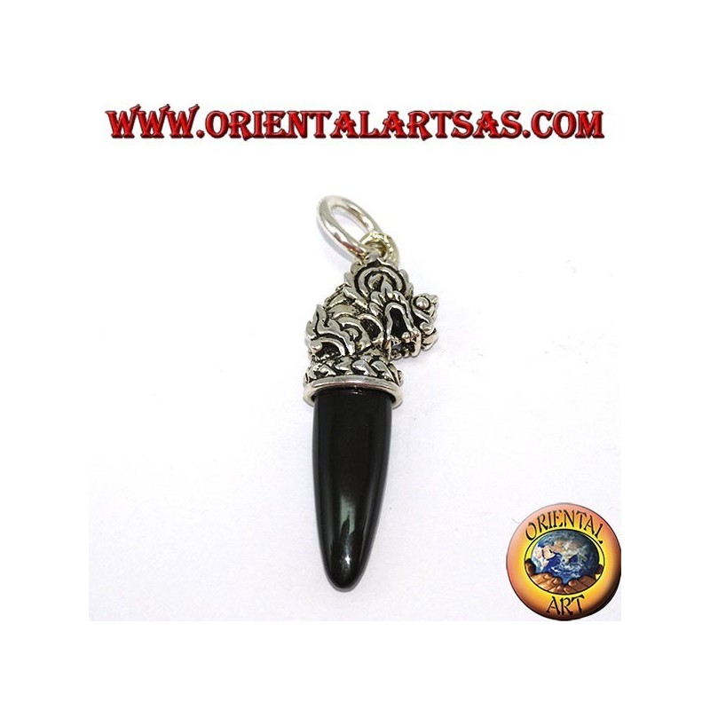 Silver dragon head pendant with onyx tip
