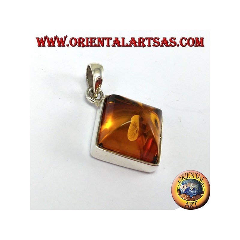 Silver pendant with square amber mounted in rhombus