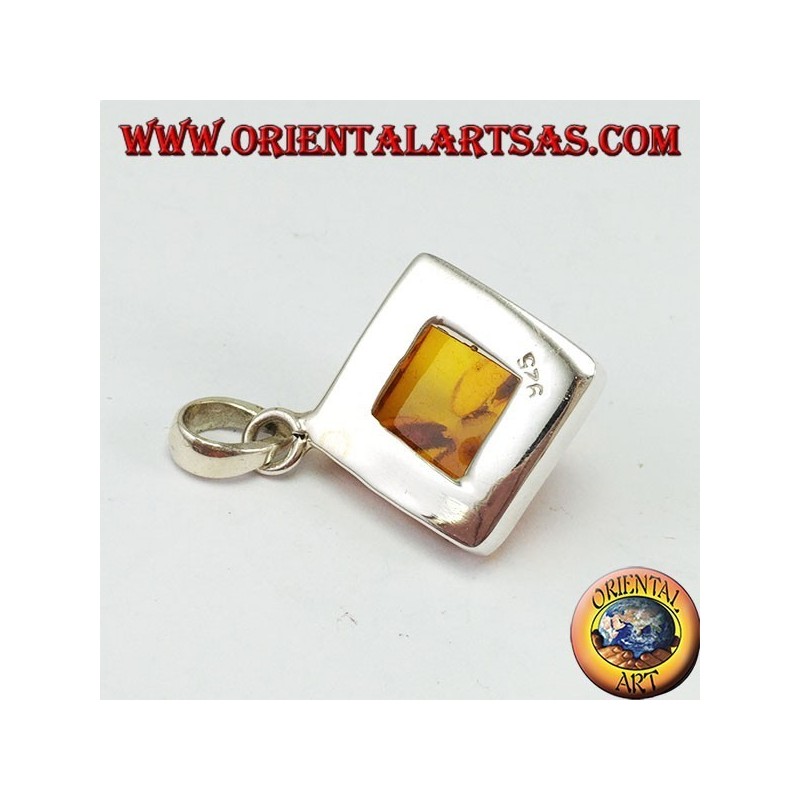 Silver pendant with square amber mounted in rhombus