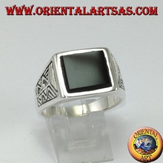 Silver ring with square onyx with Aztec engraving on the sides