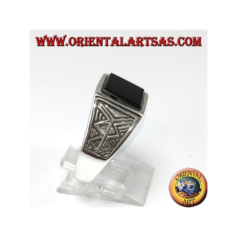 Silver ring with square onyx with Aztec engraving on the sides