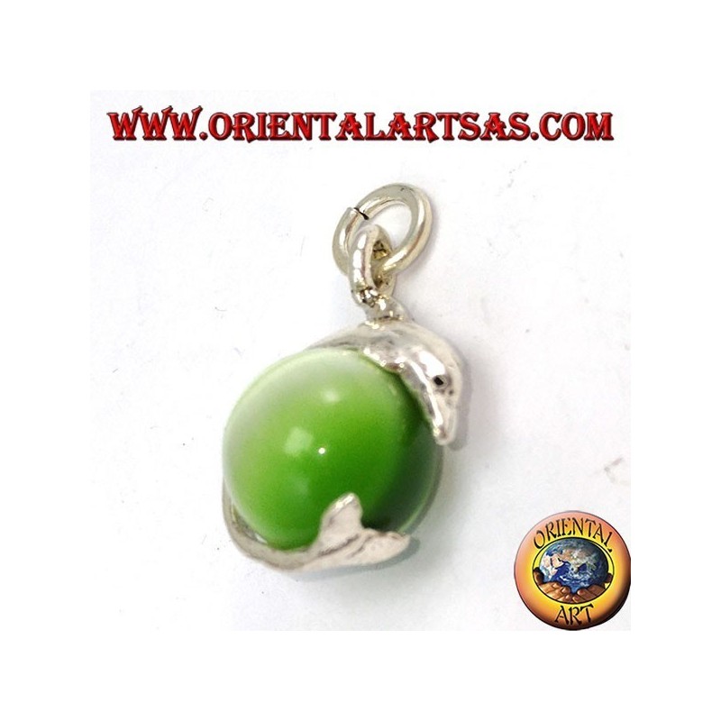 Silver dolphin pendant with green cat's eye ball