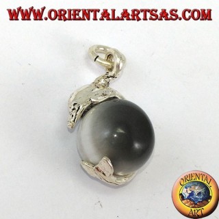 Silver dolphin pendant with gray cat eye ball