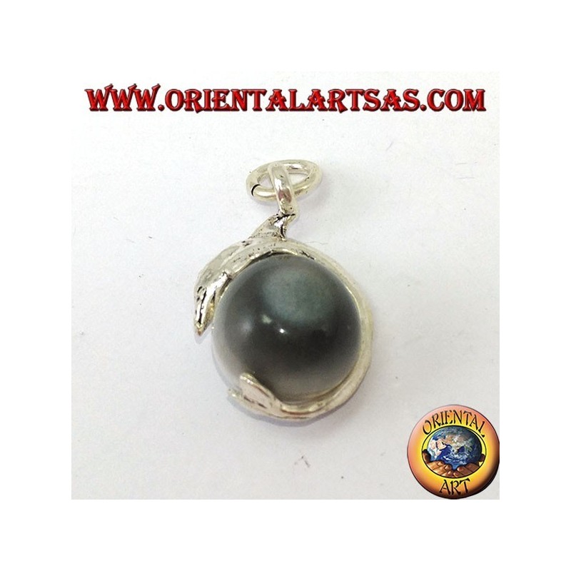 Ciondolo in argento delfino con sfera in occhio grigio di gatto