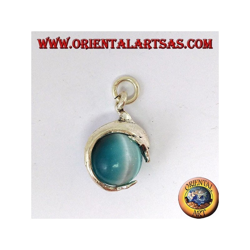 Ciondolo in argento delfino con sfera in occhio  di gatto blu