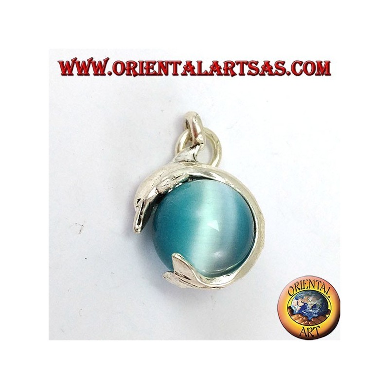Ciondolo in argento delfino con sfera in occhio  di gatto blu