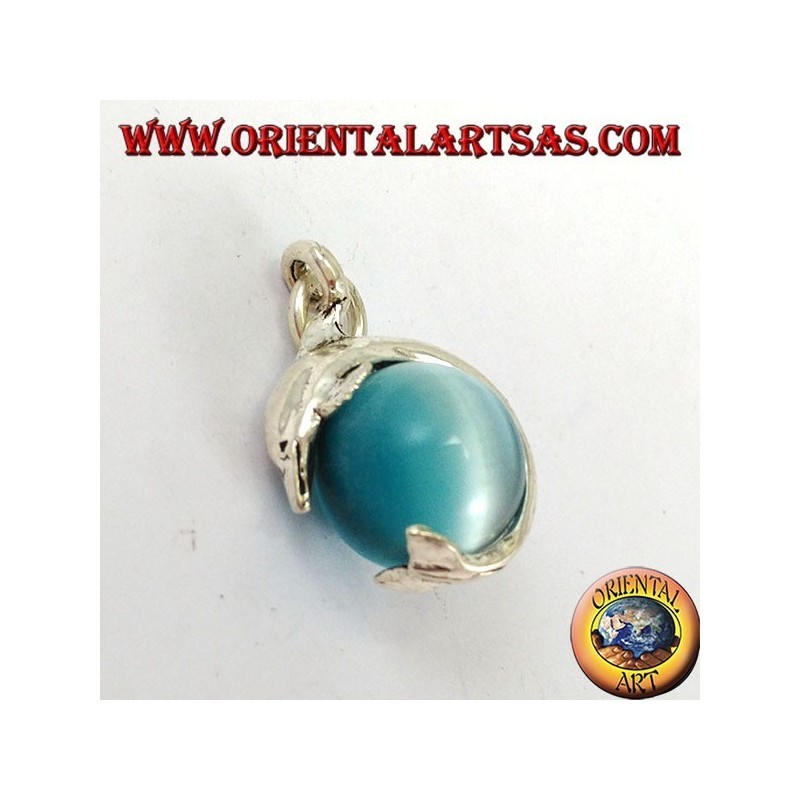 Silver dolphin pendant with gray cat eye ball