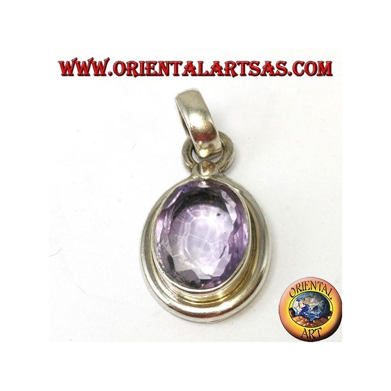 Silberanhänger mit natürlichem ovalen Amethyst mit einfachem Rahmen