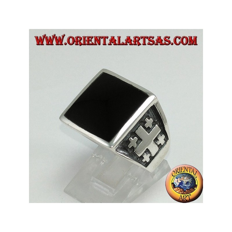 Anello in argento croce di Gerusalemme con onice  (grande)