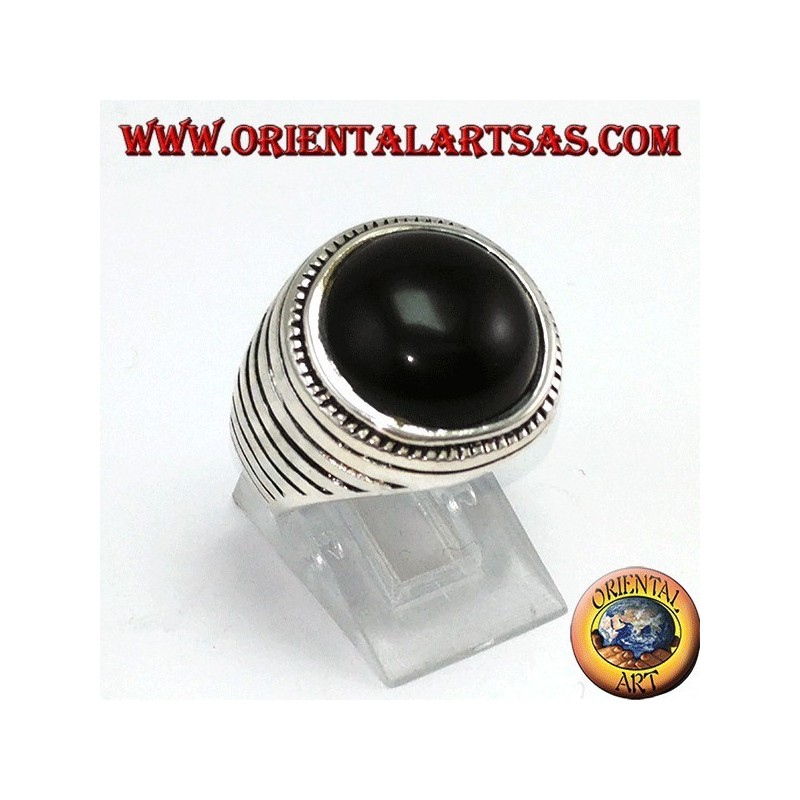 Silver ring with round hemisphere onyx