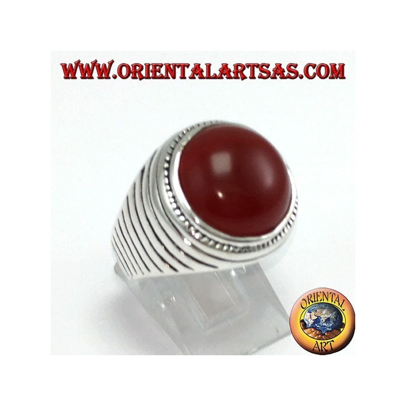 Silver ring with round hemisphere carnelian