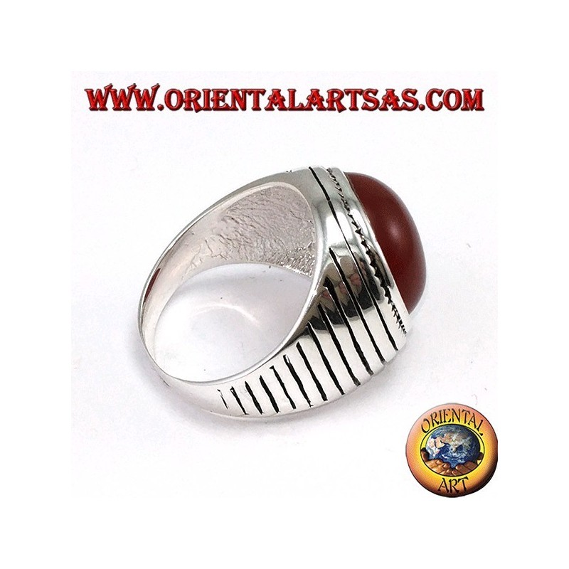 Silver ring with round hemisphere carnelian
