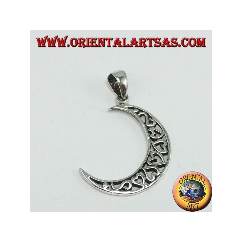 Silver pendant, moon filled with hearts
