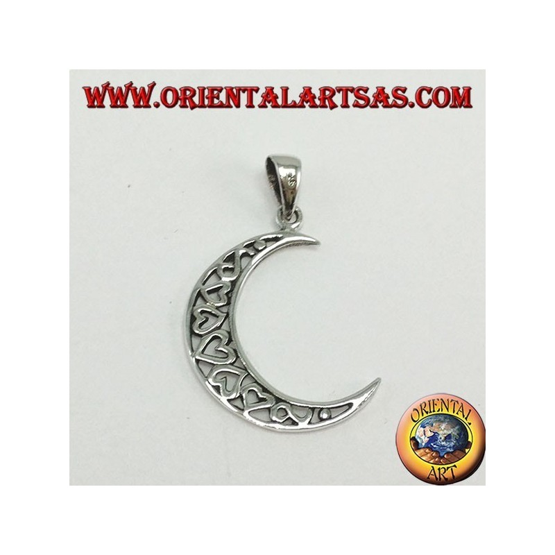 Silver pendant, moon filled with hearts