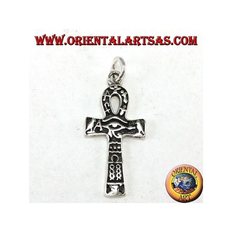 Pendentif en argent croisé ankh oeil d'horus et avec hiéroglyphes