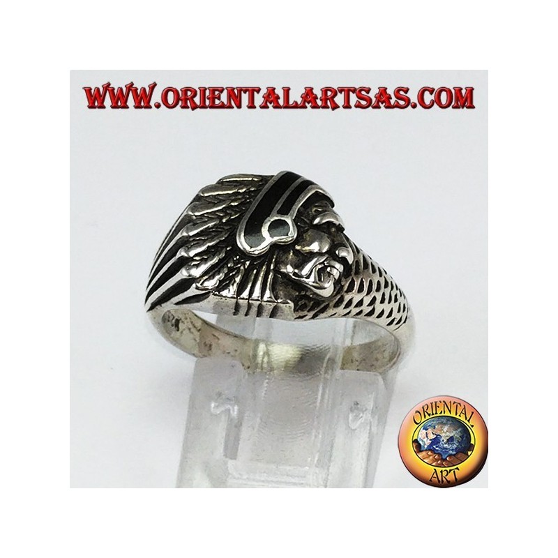 Silver ring with Indian head with black enamel native to America