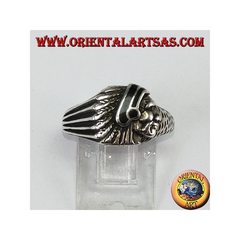 Anillo de plata con cabeza india con esmalte negro nativo de América
