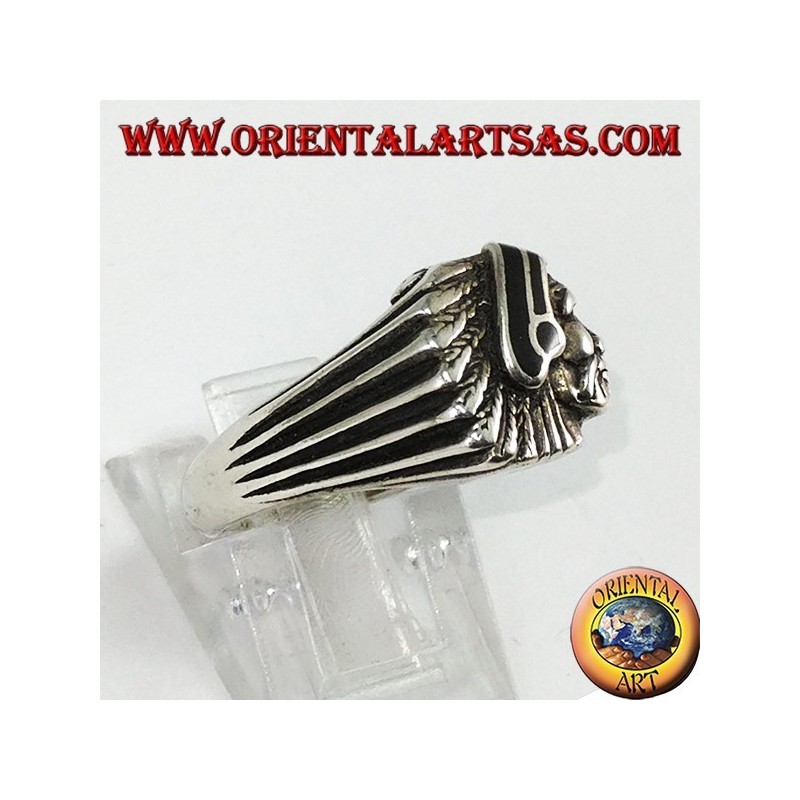Anillo de plata con cabeza india con esmalte negro nativo de América
