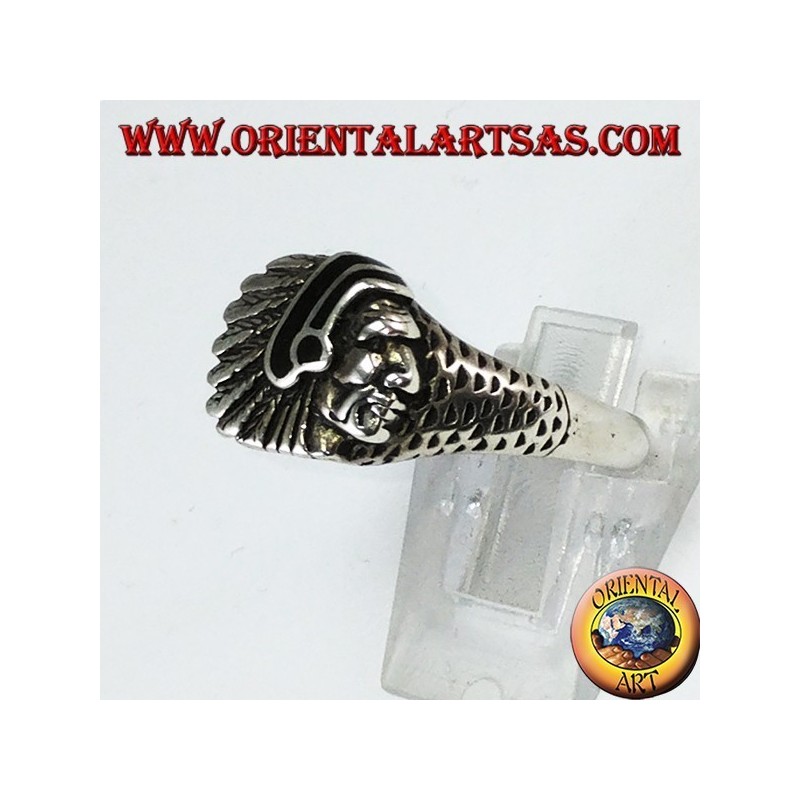 Anello in argento con testa di Indiano con smalto nero nativi d'America 
