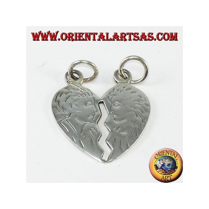 Pendant in silver heart that splits his head and her incised