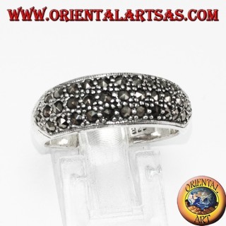 Silver ring with a rounded band with three rows of marcasite
