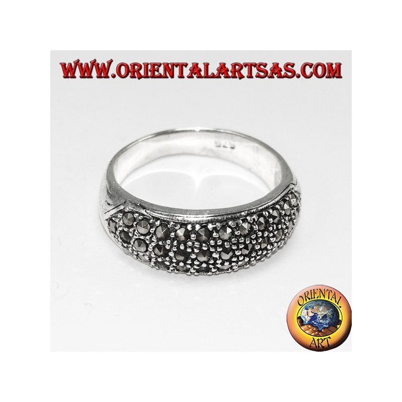 Silver ring with a rounded band with three rows of marcasite