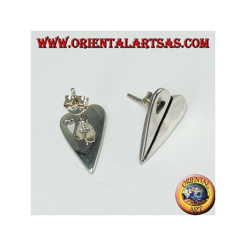 Silver lobe earrings in the shape of a heart, with a small pierced heart