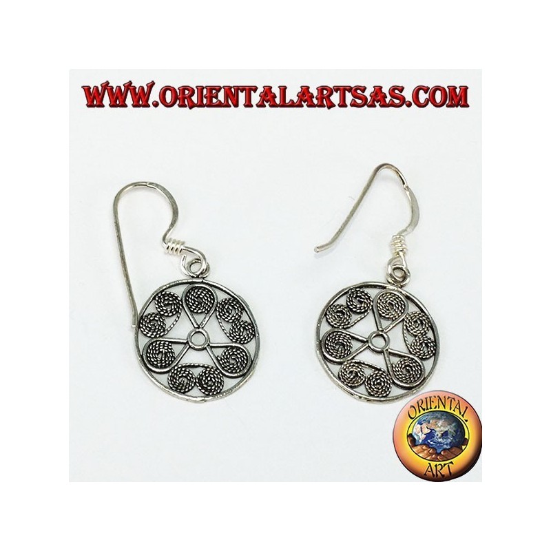 Silver pendant earrings in round shape with a filigree finish