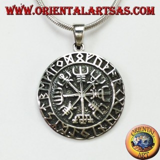 Ciondolo d'argento aegishjalmur e vegvisir con rune celtiche (grande)