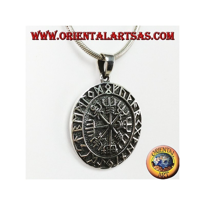 Pendentif en argent aegishjalmur et vegvisir avec runes celtes (grand)