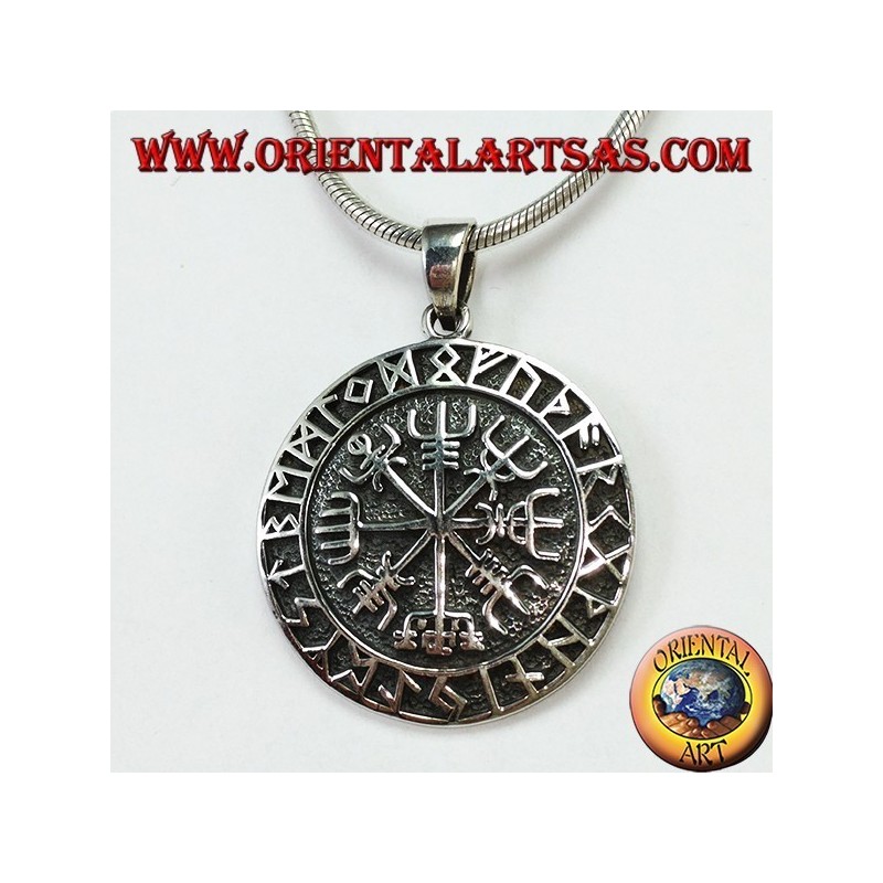 Pendentif en argent aegishjalmur et vegvisir avec runes celtes (grand)