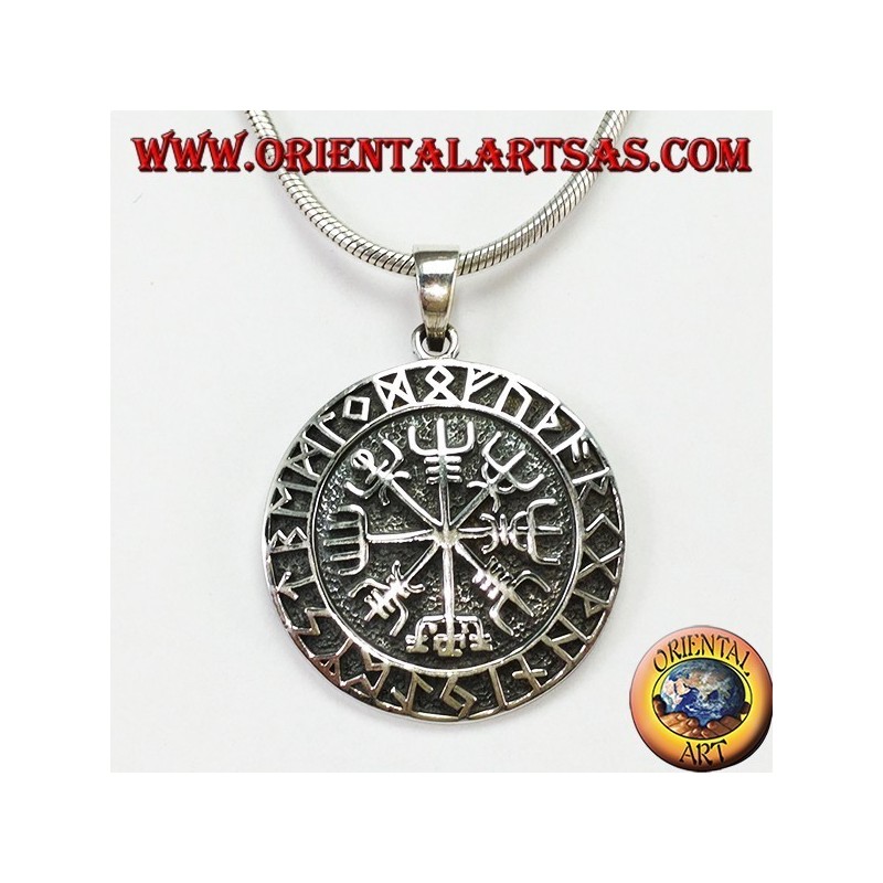 Pendentif en argent aegishjalmur et vegvisir avec runes celtes (grand)