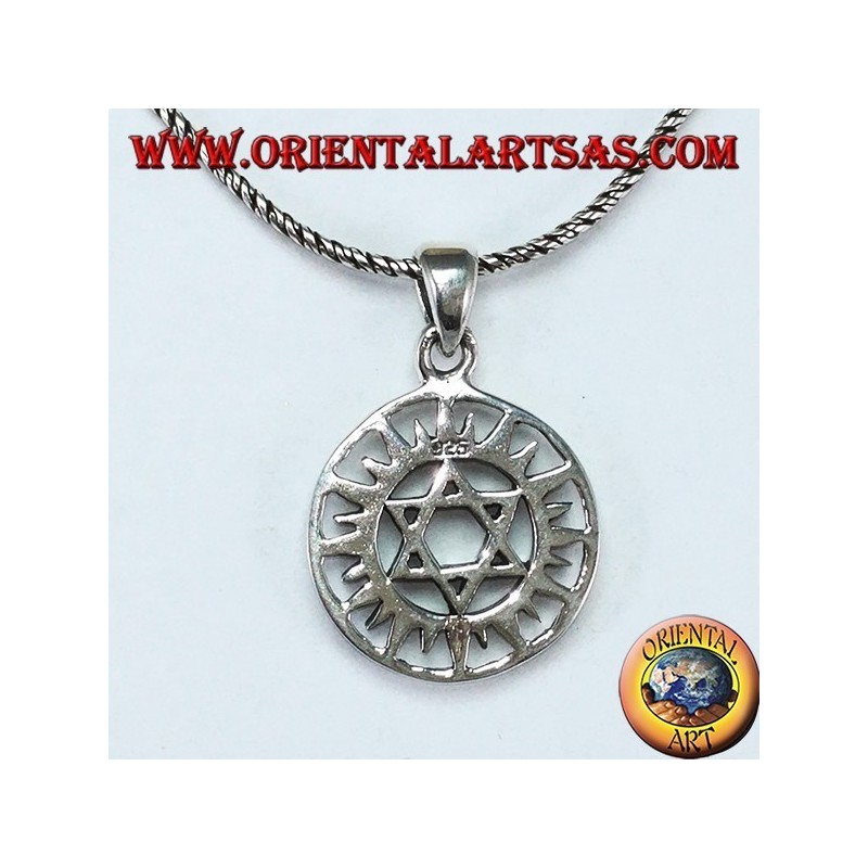 Silver pendant with a star of David in the sun