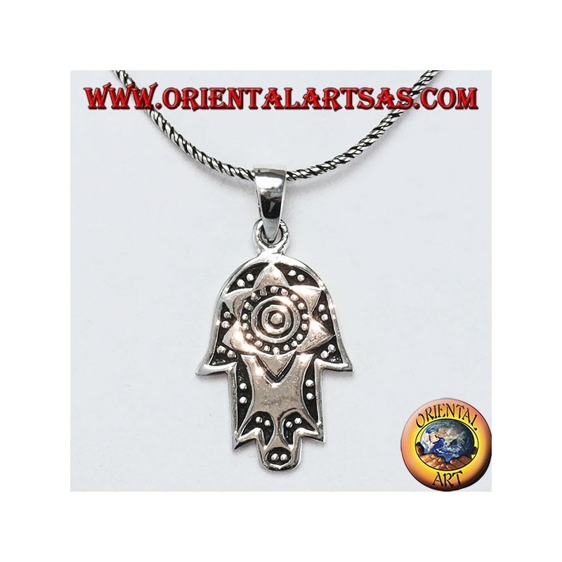 Silberne Anhängerhand von Fatima Hamsa oder Khamsa mit Davidstern