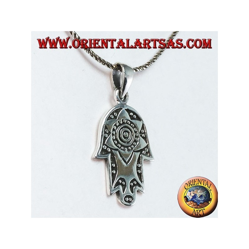 Silberne Anhängerhand von Fatima Hamsa oder Khamsa mit Davidstern