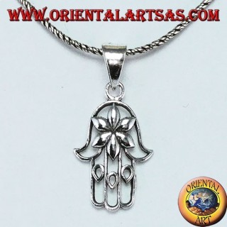 Ciondolo in argento mano di Fatima Hamsa o Khamsa con fiore dell'amore