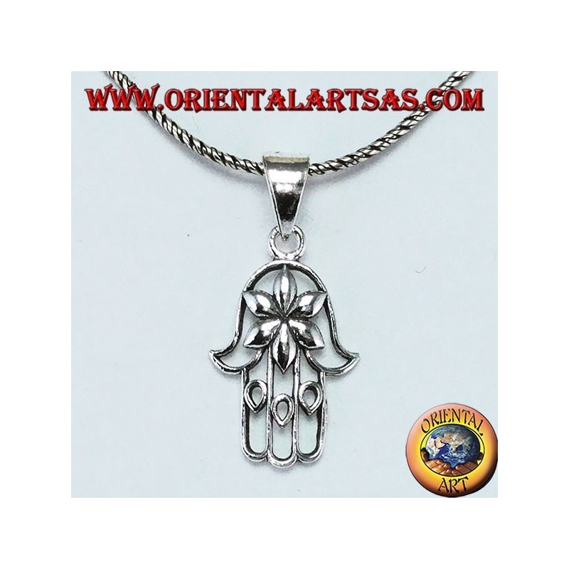 Ciondolo in argento mano di Fatima Hamsa o Khamsa con fiore dell'amore